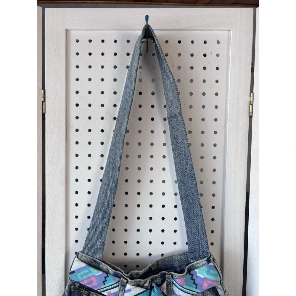 VTG Lee Denim Jeans Shoulder Bag Purse Handpainted Southwestern 90s Belted - Picture 5 of 11